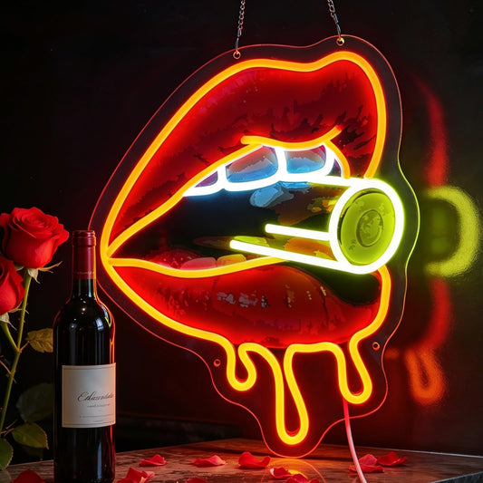 Red Lips Neon Sign, Dimmable LED Sign for Wall Decor, Sexy Lips Light Up Sign for Bedroom Makeup Room Bar Club Party, 15.9 x 12.6" Vibrant UV Print Acrylic Art Neon Lights for Wall, USB Powered