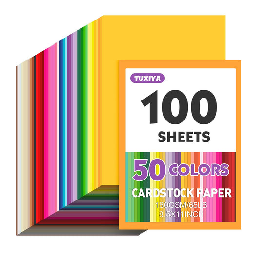 100 Sheets 8.5" X 11" Colored Cardstock, 50 Assorted Colors Construction Paper Card Stock Printer Paper for Printing, Card Making, DIY Crafts,School Supplies,Party Decorations (180GSM/65LB)