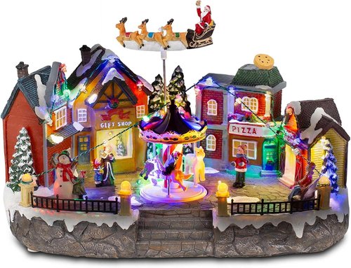 Animated Christmas Village Scene - Santa Sleigh, LED Lights & Rotating Carousel | Musical Holiday Town Square Display