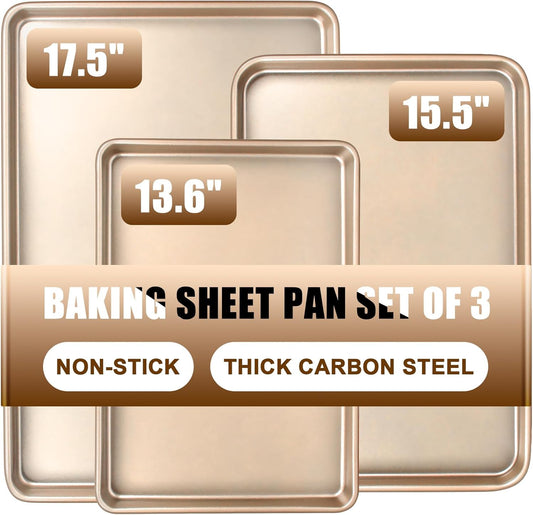 Skiennix Baking Sheet Pan Set - Nonstick Commercial Cookie Sheets | Heavy Duty & Easy Clean, Champagne Gold
