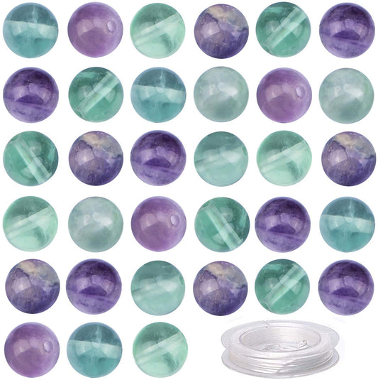 100Pcs Natural Crystal Beads Stone Gemstone Round Loose Energy Healing Beads with Free Crystal Stretch Cord for Jewelry Making (Flourite, 8MM)
