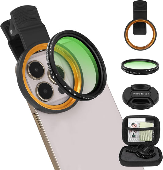 Beysfilter 52MM ND2-32 16/15/14/13 Variable Filter for Phone, Multi-Coating Clip-On Variable Neutral Density Lens Kit