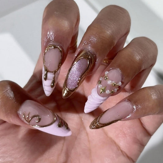 Almond Press on Nails Medium Glue on Nail with 5D Gold Lines Design Pink Glitter Acrylic Nails Glossy Pink French Tips Fake Nails Spring Summer Star Pearl Nail Press on for Women Manicure 24Pcs