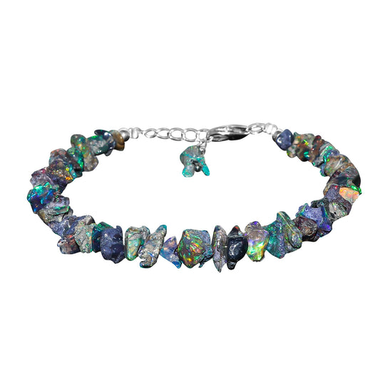 CRYSTALIS Black Opal Bracelet, Natural Raw Stones, Fire Play Rough Gemstones, Chakra Healing Crystals, Gift Giving Jewelry, Rhodium 925 Sterling Silver Women Bracelet 8 inch