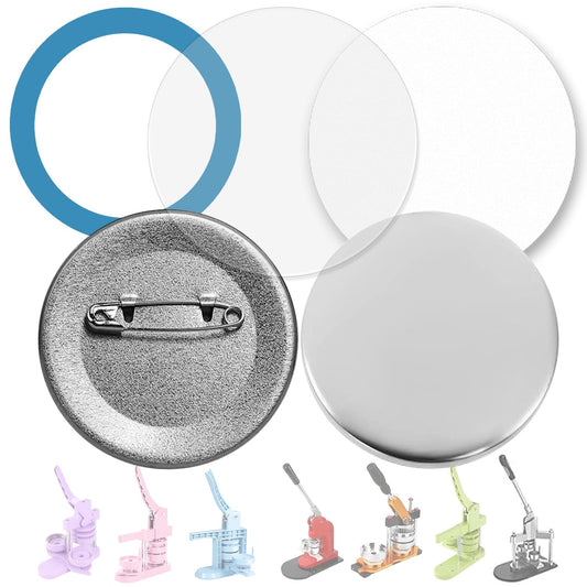 100 Sets 58mm / 2.25 in (Approx. 2-1/4 inch) Button Making Supplies for Your Round Button Maker Machine, Including Metal Covers, Metal pin Back Cover, Clear Plastic Film, Blank Paper & Gasket