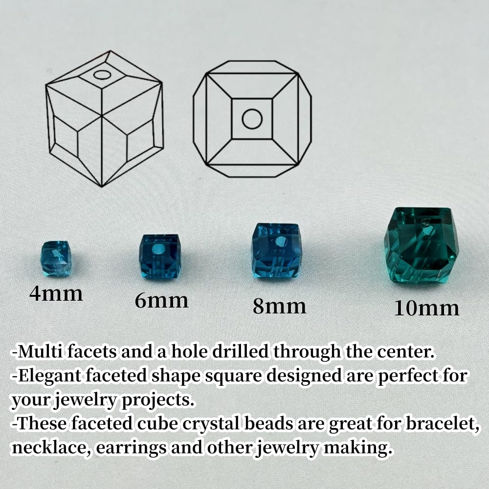 YUEXIGO 200pcs 4mm Cube Crystal Glass Beads for Jewelry Making Faceted Square Crystal Glass Bead Spacer Beads Loose Beads for Bracelet Earring Necklace DIY Craft(Peacock Blue)