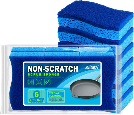 AIDEA Non-Scratch Scrub Sponges - 6 Count | Fast Cleaning Power for Non-Stick Cookware & Dishes