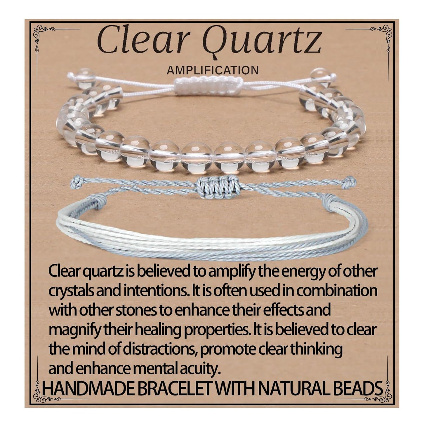 LPBeads 8mm Clear Quartz Bracelet with Handmade Rope Bracelet Size Adjustable Natural Stone Crystal Healing Bracelets Gifts for Unisex Adults