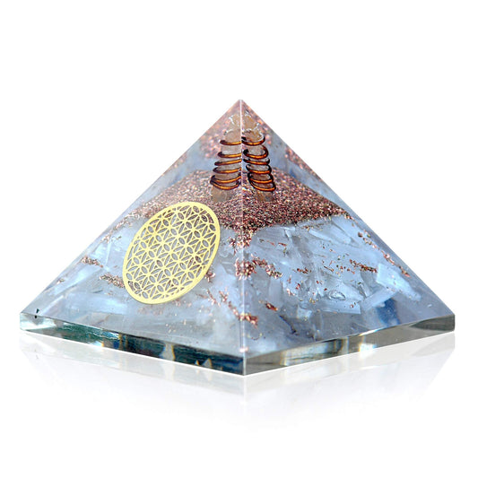 Orgone Selenite Crystal Pyramid with Flower of Life –for Chakra Healing and Spiritual Protection from E-emission and Negative Energy
