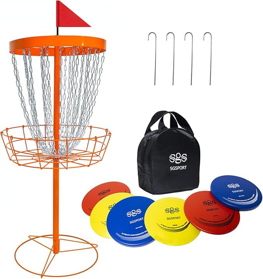 Disc Golf Basket with Discs | Portable Disc Golf Target with Heavy Duty 24-Chains Disc Golf Course Basket, Come with 6pcs Disc Golf Discs with Carry Bag