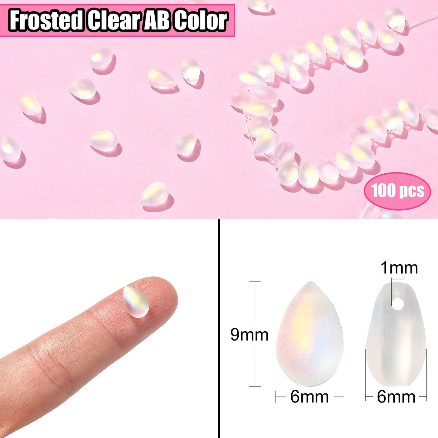 UR Urlifehall 100 Pcs Glass Teardrop Charms Frosted Transparent Spray Painted Glass Beads Clear AB Color Plated Beads for Jewelry Accessories