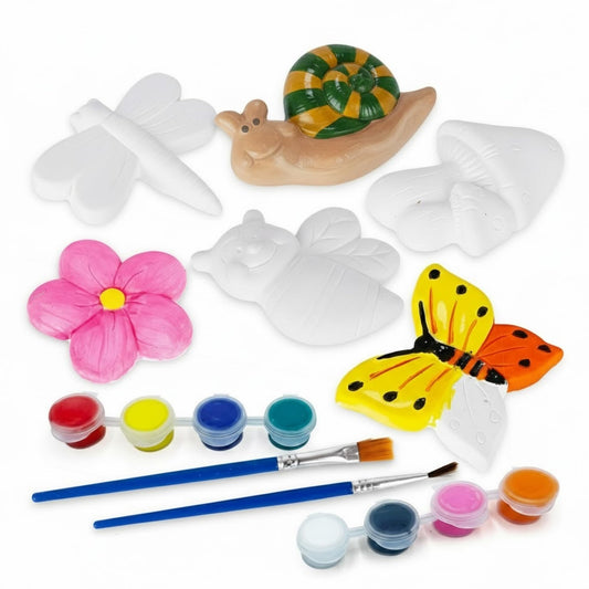 ArtCreativity Seasonal Ceramic Painting Kit for Kids – 6 Garden Plaster Figurines, 2 Paint Sets, 2 Brushes and 6 Magnets - 8 Unique Paint Colors - Toddlers' Spring Painting Craft - Summer Crafts 4-8