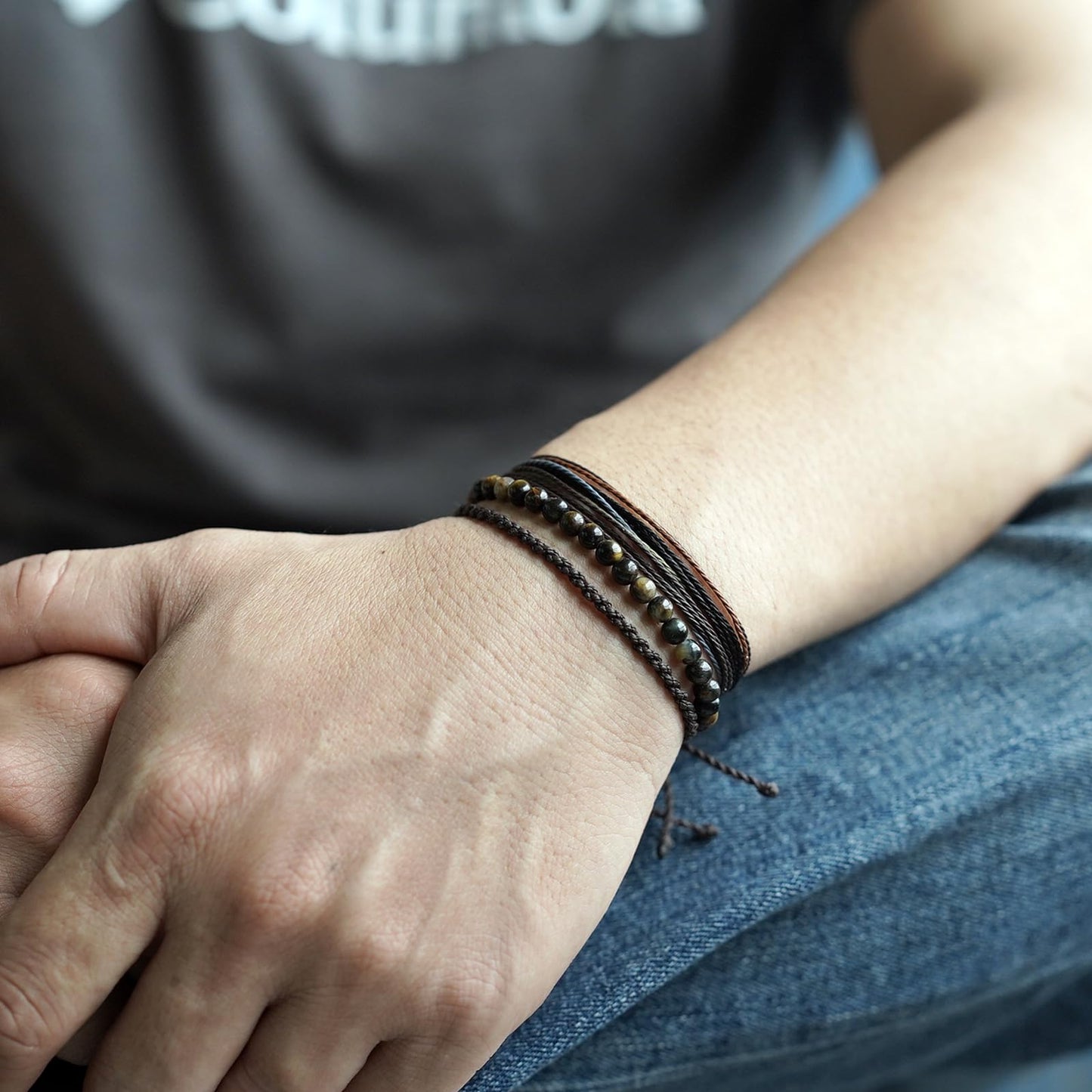 Mezcla Vida Handmade Natural Stone Beaded Healing Bracelet Gift for Men Adjustable Rope String Bracelet (Tiger Eye（Dark）, Adjustable)