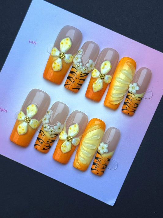 100% 5D Handmade Press on Nails Long Square Nails Press ons Ombre Leopard Orange French Tips False Nails Yellow Flower Waterdrop Press on Nails for Women Girls Daily Wear DIY Manicure Size L
