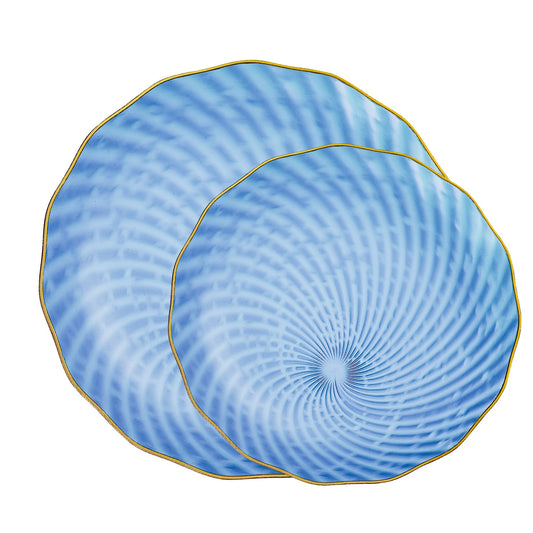 PLASTICPRO 120 Pack Plastic Plates Set of 60-10 inch Plates and 60-7 inch Plates, Elegant Clear Blue Spiral and Gold Rim Disposable Fancy Plates Premium Heavyweight
