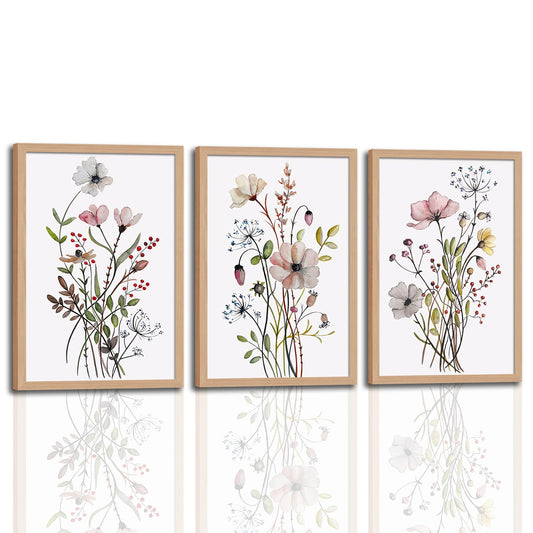 3Pcs Framed Botanical Wall Art Set of Watercolor Floral Canvas Prints Wildflower Painting Posters with Wooden Frames Modern Minimalist Pictures for Living Room Bedroom Home Decor 12x16in