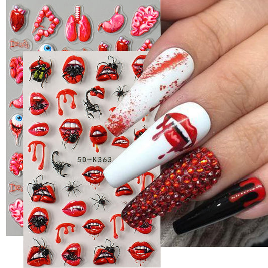 2 Sheets Halloween Nail Art Stickers 5D Relief Self -Adhesive Blood Drops Lips Spider Nail Decals Holographic Horror Heart Internal Organs Design Nail Stickers Halloween Nail Decoration for Women