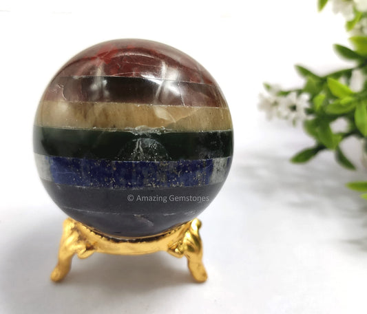 Amazing Gemstone Seven Chakra Crystal Sphere Round Ball with Sphere Holder Stand, Natural Healing Stone Sphere for Massage Meditation Crystal Grid Witchcraft Supplies Reiki Yoga