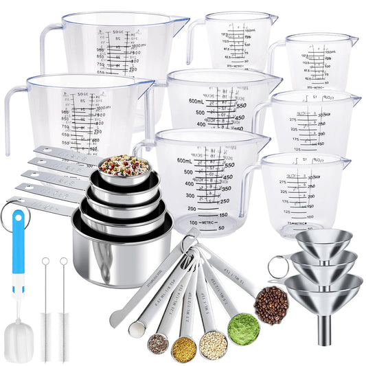 Measuring Cups and Spoons Set 26 Piece, 11 Stainless Steel Nesting Measuring Spoons and Cups with 8 Plastic Measuring Cup, 3 Funnel, 3 Brush, 1 Ruler, Measuring Cup Set for Kitchen Baking Liquid Dry