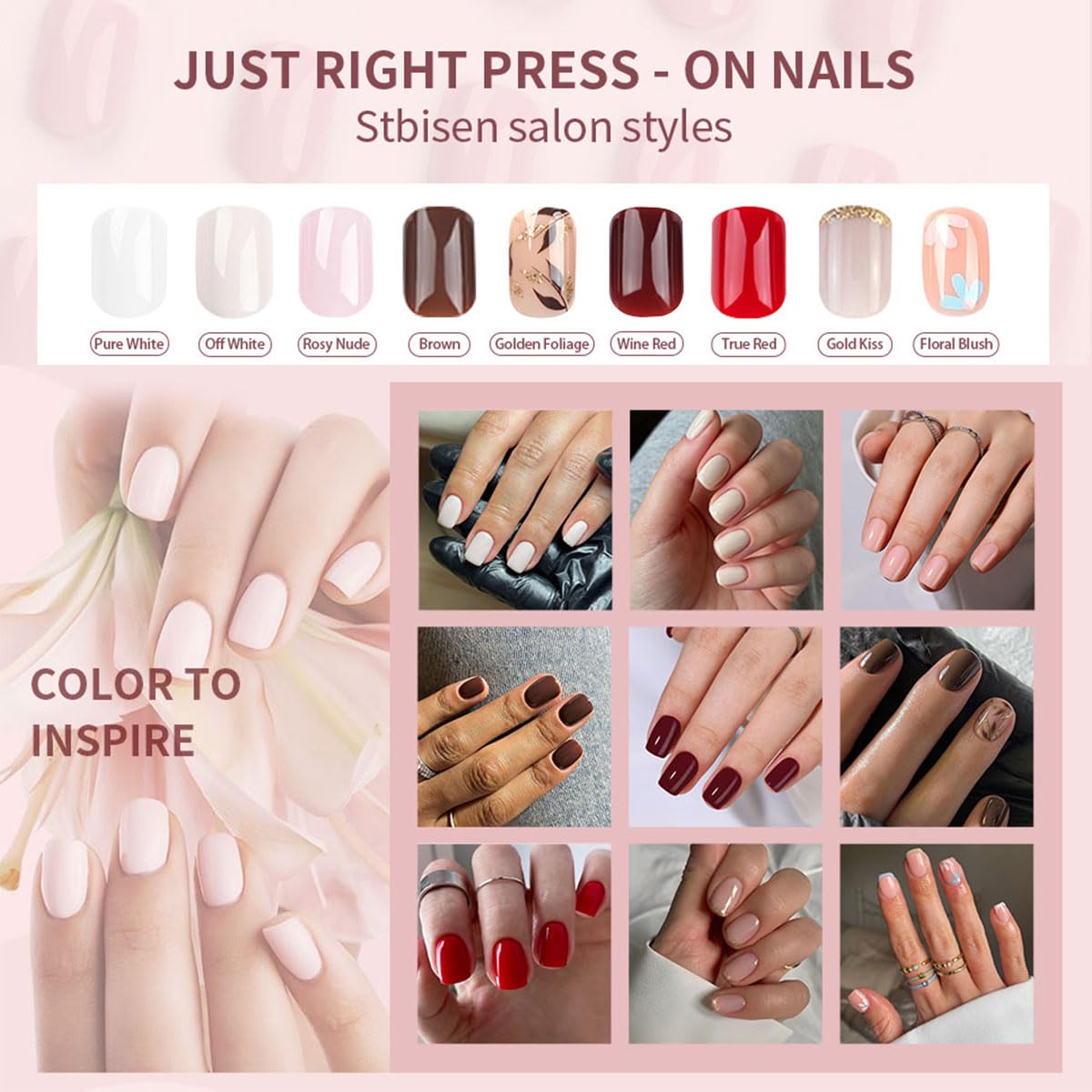 Stbisen Dark Brown Press On Nails, Short Square Soft Gel Fake Nails with Gold Leaf Accents & Glitter Design, Glossy Acrylic Look, Thick Natural Glue On Nails for Women Gift, Suitable for Work, 30Pcs