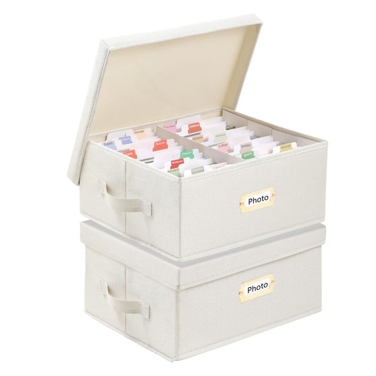 Aokeyee 2PC Photo Storage Box - Decorative Linen Memory Organizer for 4x6 Pictures, Keepsake Box with Dividers & Labels, Holds 3400+ Photos