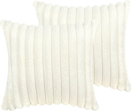 Skiennix 18x18 Throw Pillow Covers - Soft Fluffy Faux Fur & Velvet Back, Set of 2 - Cream White Home Décor Accent