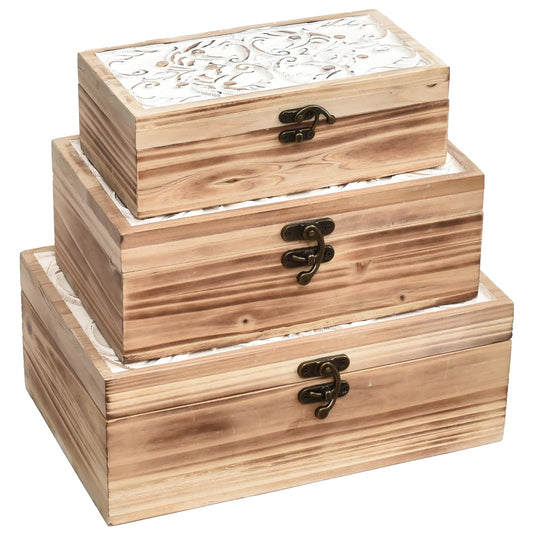 DECOR4SEASON Wooden Box Set of 3 - Rustic Farmhouse Decorative Boxes with Hinged Lid and Carved Design