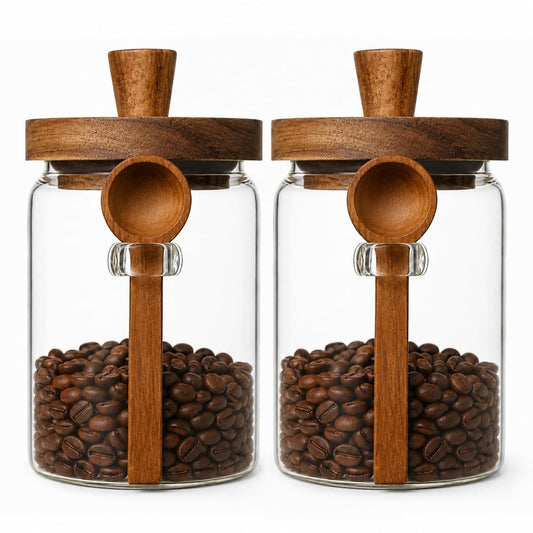 ANSQU Set of 2 Glass Food Storage Jars with Woodens Lid and Spoons, 20.3oz Glass Kitchen Canisters for Coffee, Tea, Cereal, Spice and Canning, Mason Jars, Cute Jars