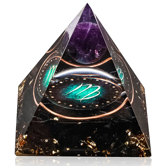 12 Zodiac Orgone Crystal Pyramid, Natural Amethyst with Obsidian,Healing Crystals Pyramid for Protection Chakra, Unique Constellation Pyramid for Positive Energy, Healing Money Health(Virgo)