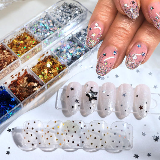 12-Grid Mini Star Holographic Nail Glitter,Mixed Five-Pointed Stars Shaped Nail Sequins Golden Silvery Sparkling Star Nail Design Pentagram Flake Shiny DIY Manicure Accessories for Women