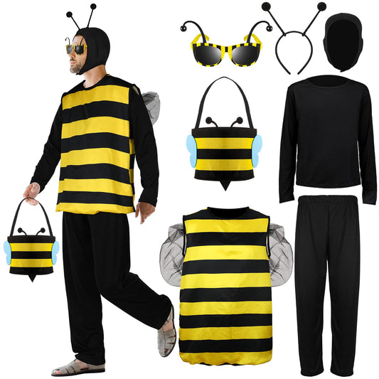 Haull 7 Pcs Adult Bee Costume Kit Men Bumble Outfit Bee Glasses Headband Basket Accessories Funny Halloween Cosplay Party(XX-Large)
