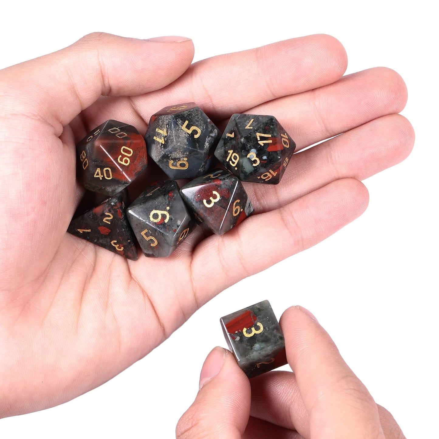 mookaitedecor 7 PCS Africa Bloodstone Crystal Polyhedral DND Dice Set, Polished Tumbled Stones Dices for RPG MTG Table Games Home Decoration