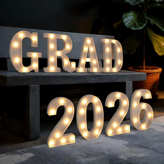 Marquee Letters Numbers Light up Numbers Letters Graduation Decoration GRAD 2026 Battery Powered LED Light White Plastic Letter Number Sign for Class of 2026 Graduation Decorations