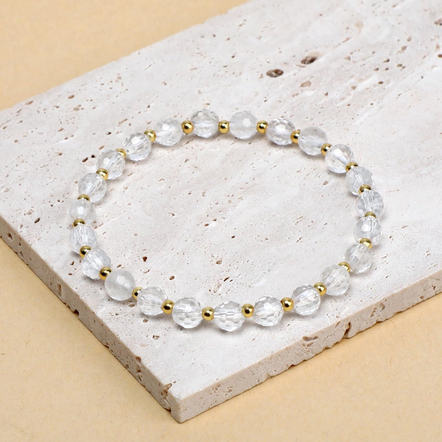 QOGIR Clear Quartz - Amplification - 14K Gold Plated Beads Natural Gemstone Stretch Elastic Dainty Healing Beaded Bracelets Gifts 6mm