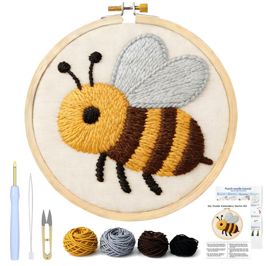 AohaiNova Punch Needle Kits for Adults Beginner,Punch Needle Starter Kit Easy,Embroidery Punch Needling Kits,DIY Punchneedle Kit All Supplies with Wooden Hoop/Patterns/Yarns/Instruction(02-Bee)
