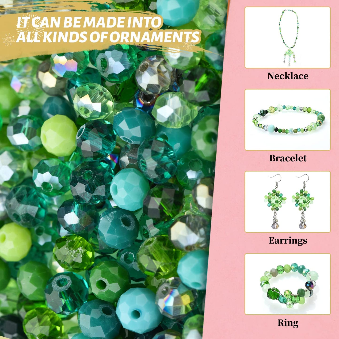KINGSHINE Briolette Crystal Glass Beads for Jewelry Making,1000pcs 4/6/8mm Faceted Rondelle Green Beads Assorted Round Shaped Spacer Bead for DIY Crafts Bracelets