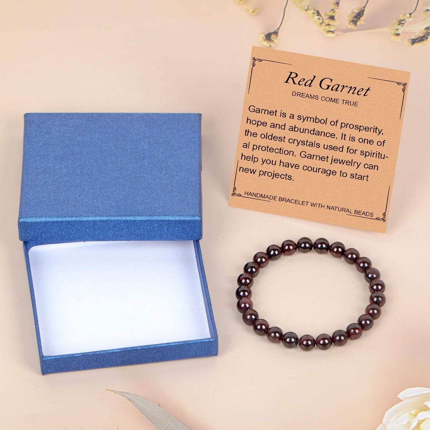 LPBeads Handmade Natural Gemstone Stretch Elastic 8mm Garnet Bracelet Healing Crystal Round Stone Beads Jewelry Gifts for Women Men