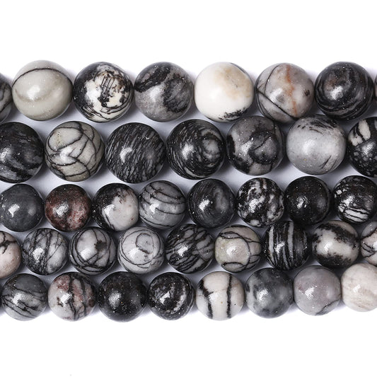 10MM 37PCS Natural Stone Black Network Zebra Loose Beads for Jewelry Making DIY Bracelet 1 Strand