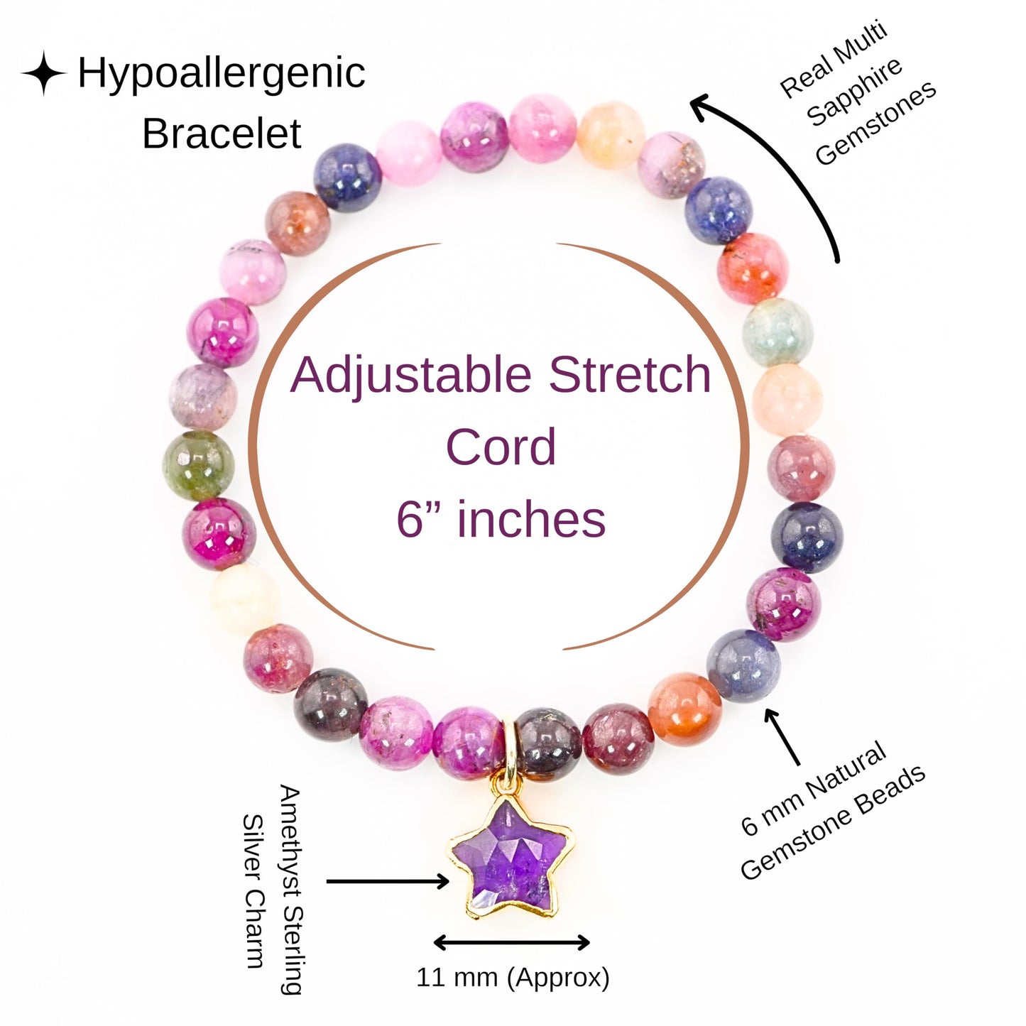 Multi Sapphire Bracelet Birthday Favors for Kids, Toddler Bracelet with Certified 925 Sterling Silver 18K Gold Vermeil Amethyst Crystal Star Charm