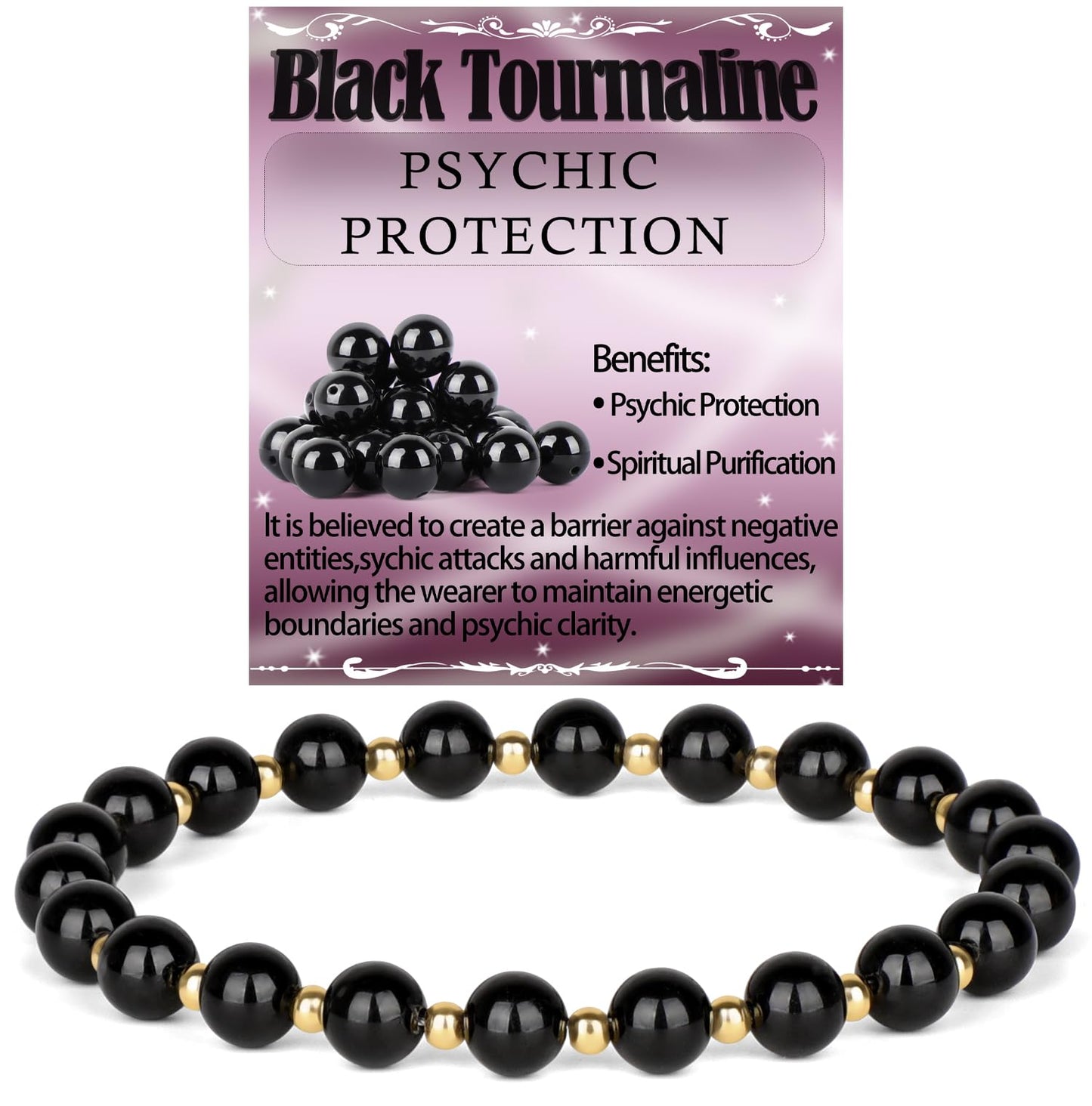 QOGIR Black Tourmaline - Psychic Protection - 14K Gold Plated Beads Natural Gemstone Stretch Elastic Dainty Healing Beaded Bracelets Gifts 6mm
