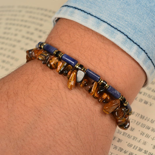 Casvia Men's Indigo Blue Stone Beaded Bracelet, Obsidian & Hematite, Stainless Steel Dual-Clasp, Adjustable, Durable Daily Wear, Azure Veil, Ideal Gift for Men Dad Boyfriend Son