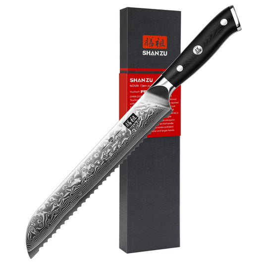 SHAN ZU Bread Knife 8 Inch Japanese Steel Damascus Serrated Knife Wave Edge, Professional Sharp 10Cr15Mov High Carbon Super Steel Cake Knife Bread Cutter with G10 Handle
