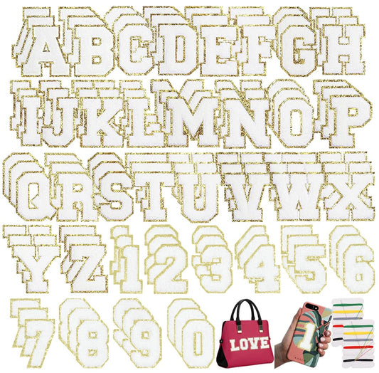 108 Pcs Self Adhesive Chenille Letter and Number 3D Embroidered Patches,Iron on Sew on Letters Alphabet A-Z, Number 0-9 Chenille Fabric Stickers for Clothing, Hats, Shoes, Bags,Jeans,Coats-White
