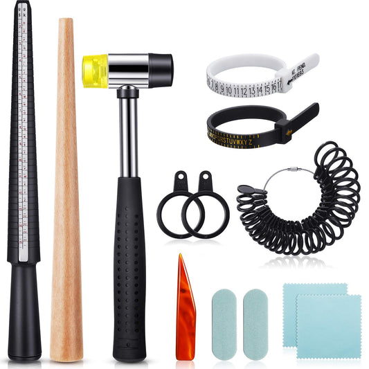 11 Pieces Metal Us UK Ring Mandrel Set, Size 1-13 with Half Size Ring Sizer Gauge Jewelry Mandrel Jewelry Hammer Adjuster Polishing Cloth Polishing Stick Polished Agate Knife Measuring Tool(Black)