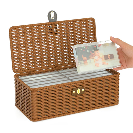Decorative Photo Storage Box, Inner 12 Plastic Photo Case Hand Crafted Photo Organizer, Vintage Rattan Look Storage Container for 4x6 Photos, Keepsake Box for Pictures Stickers Postcards Scrapbooking