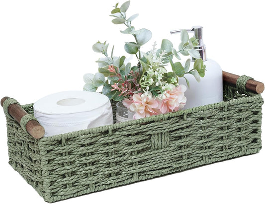 Skiennix Round Paper Rope Storage Basket - Decorative Wicker Organizer with Handle | Green, Small Size