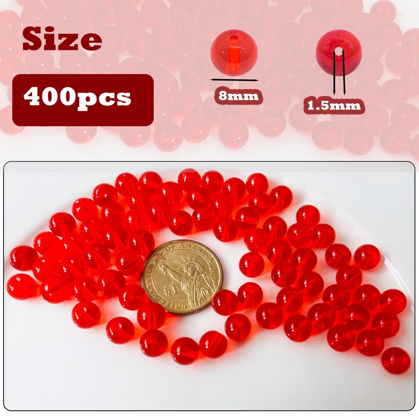 PAMIR TONG 400pcs 8mm Round Glass Beads for Bracelet Pretty Smooth Loose Beads for Necklace-Earring-Jewelry Making and DIY Crafts (Clear Red)