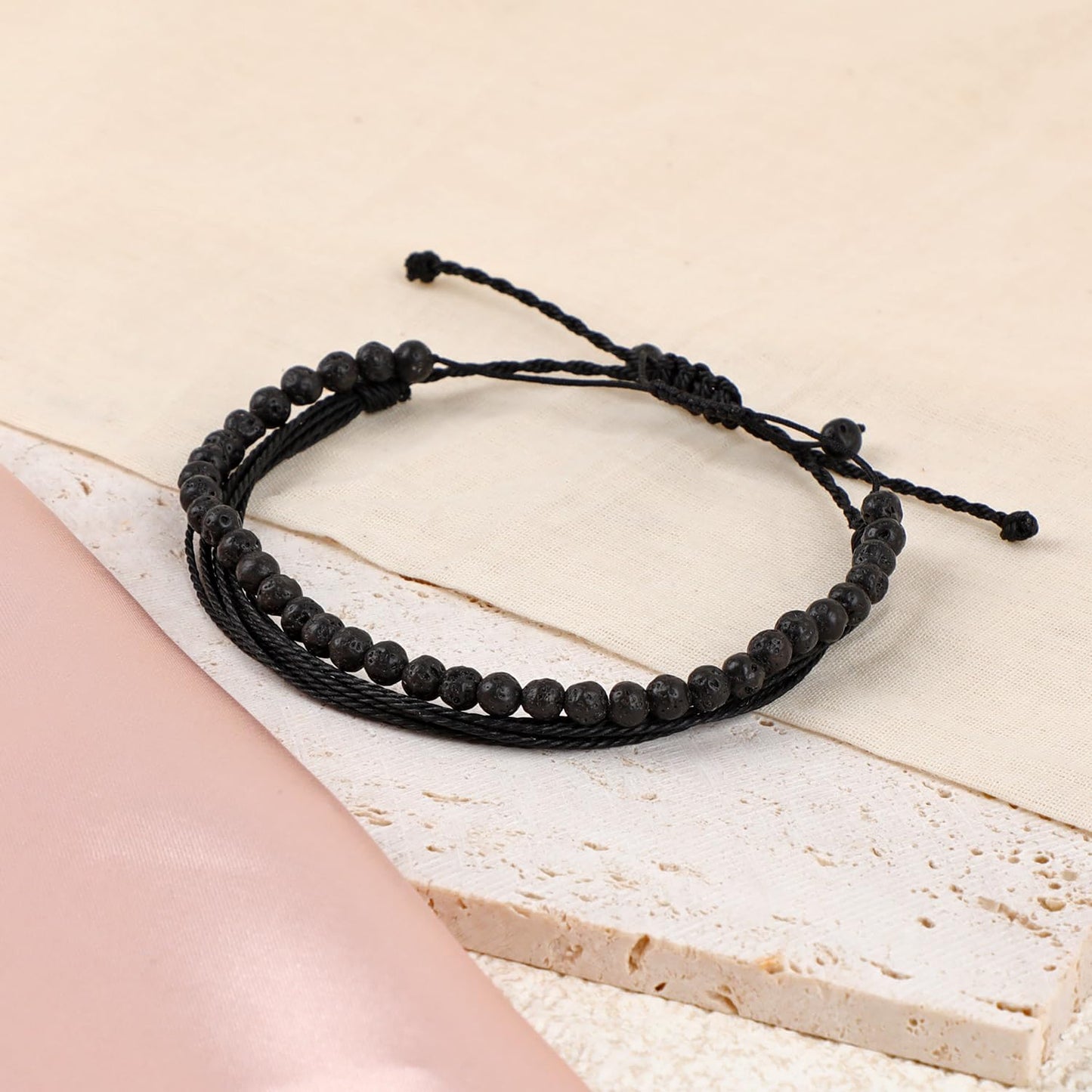 LPBeads 4mm Black Lava Bracelet with Handmade Rope Bracelet Size Adjustable Natural Stone Crystal Healing Bracelets Gifts for Unisex Adults