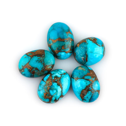 CRYSTALINES 5pcs, Copper Turquoise Cabochons, Genuine Turquoise Gemstones, Wholesale Oval Shape Stones, Flat Back Polished Crystals, DIY Jewelry Making, December Birthstone (Approx.14x10mm)