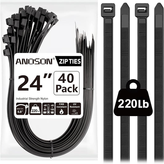 ANOSON 24 inch (40 Pack), 220 lbs, Large Zip Ties Heavy Duty Outdoor Heavy Duty Zip Ties Black, by